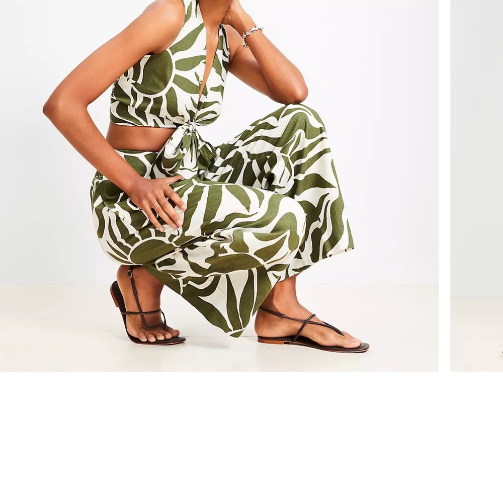 LOFT 2 pc Beach Olive/ White Linen Leaf Print Crop Top/Wide Leg Crop Pants NWOT